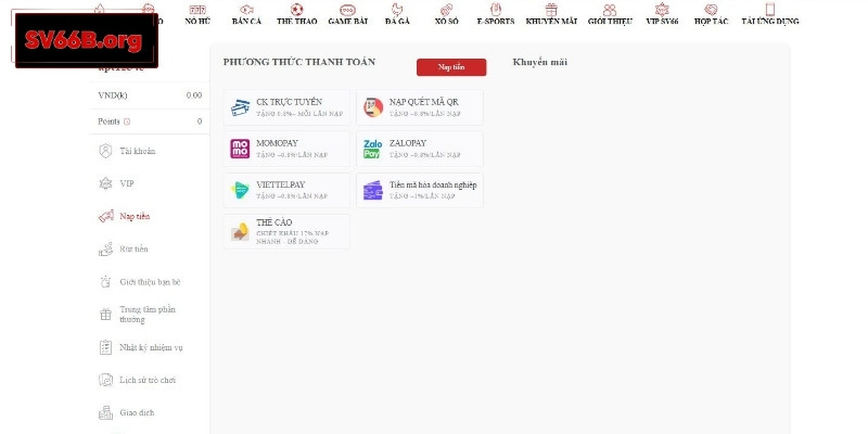 Các phương thức gửi tiền tại nhà cái SV66